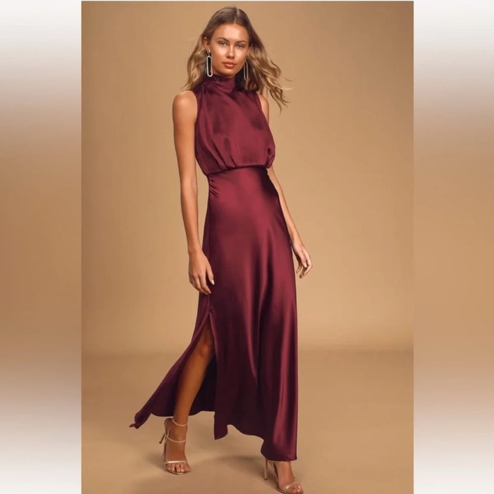 Lulu’s Classic Elegance Wine Satin Maxi Dress